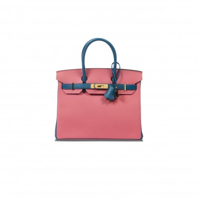 HERMÈS BIRKIN 30 CHEVRE LEATHER CHERRY BLOSSOM AND NORTHERN BLUE GOLD BUCKLE H028369CC37 (30*23*15cm)